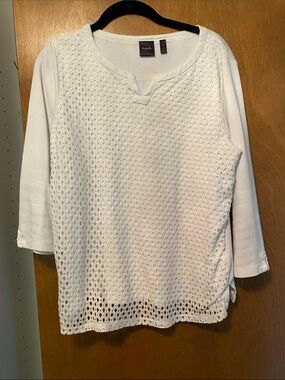 Rafaella White Crochet-Front 3/4 Sleeve Knit Top